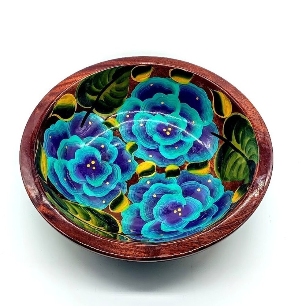 Riviera Maya Mexico Blue Floral Wood Lacquer Bowl